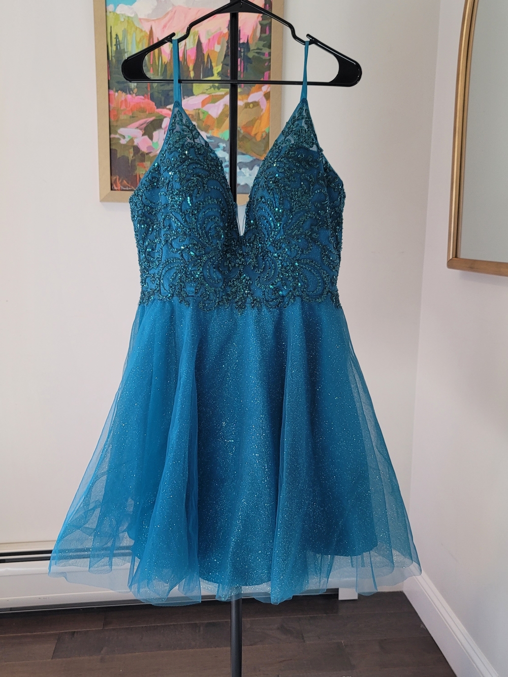 NWOT Teal Sequin Tulle Short Party Prom Cockrail Dress Glitter Size 16